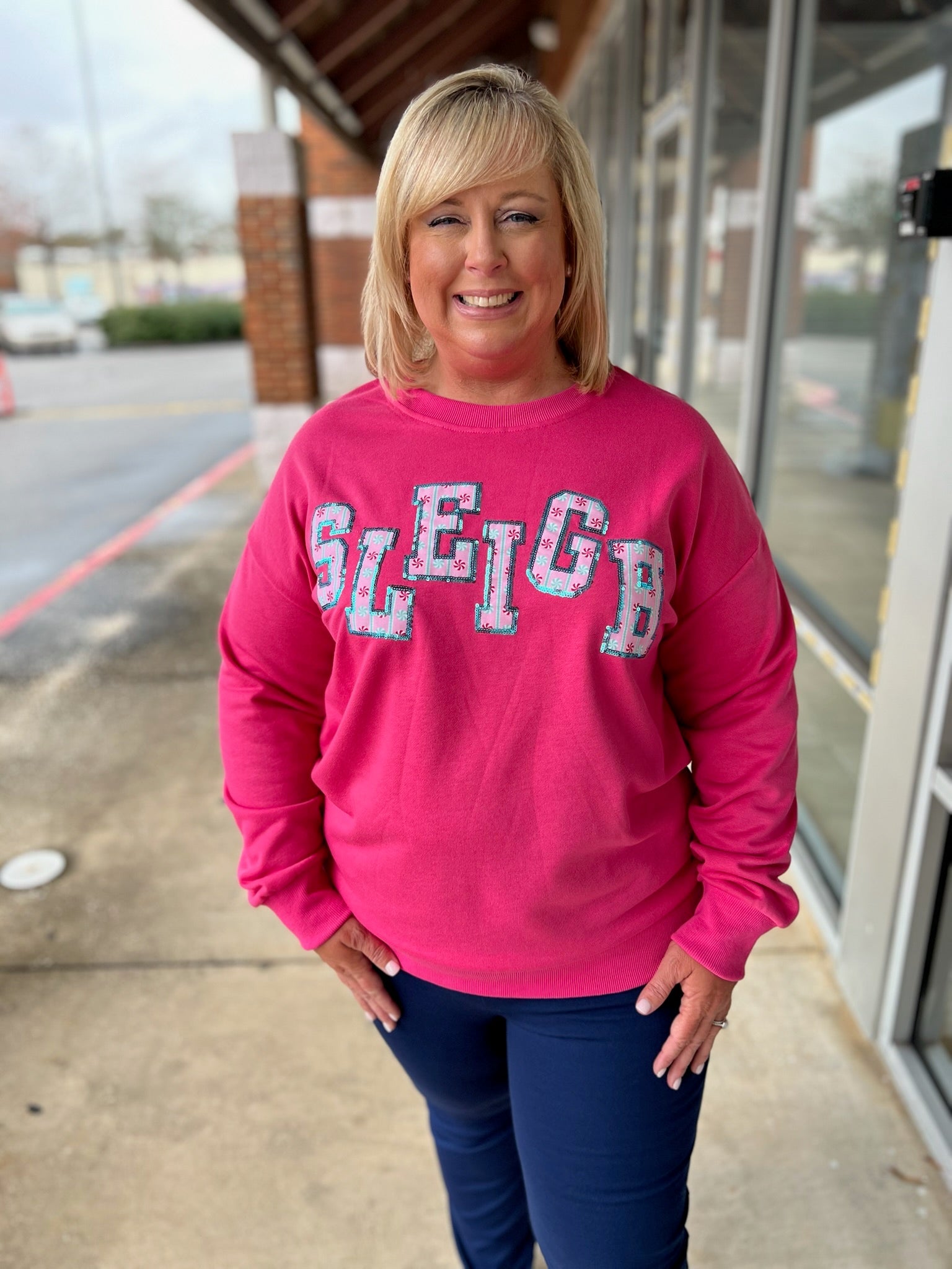 Pink Sleigh Patch Christmas Pullover (C) - A'Bekah's Boutique