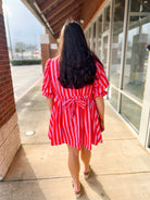 Pink Striped 3/4 Puff Sleeve Dress with Self - Tie in the Back - A'Bekah's Boutique