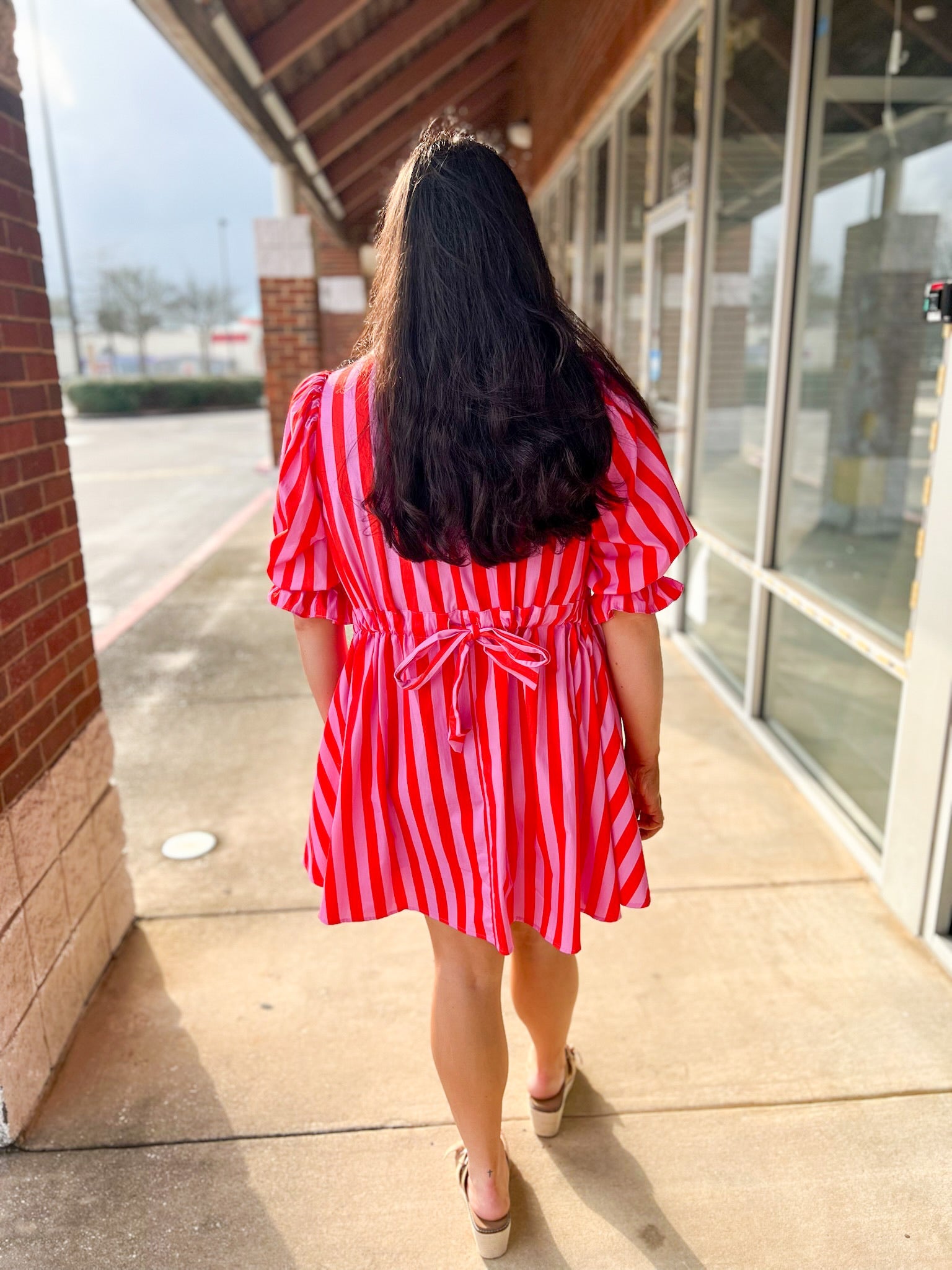 Pink Striped 3/4 Puff Sleeve Dress with Self - Tie in the Back - A'Bekah's Boutique