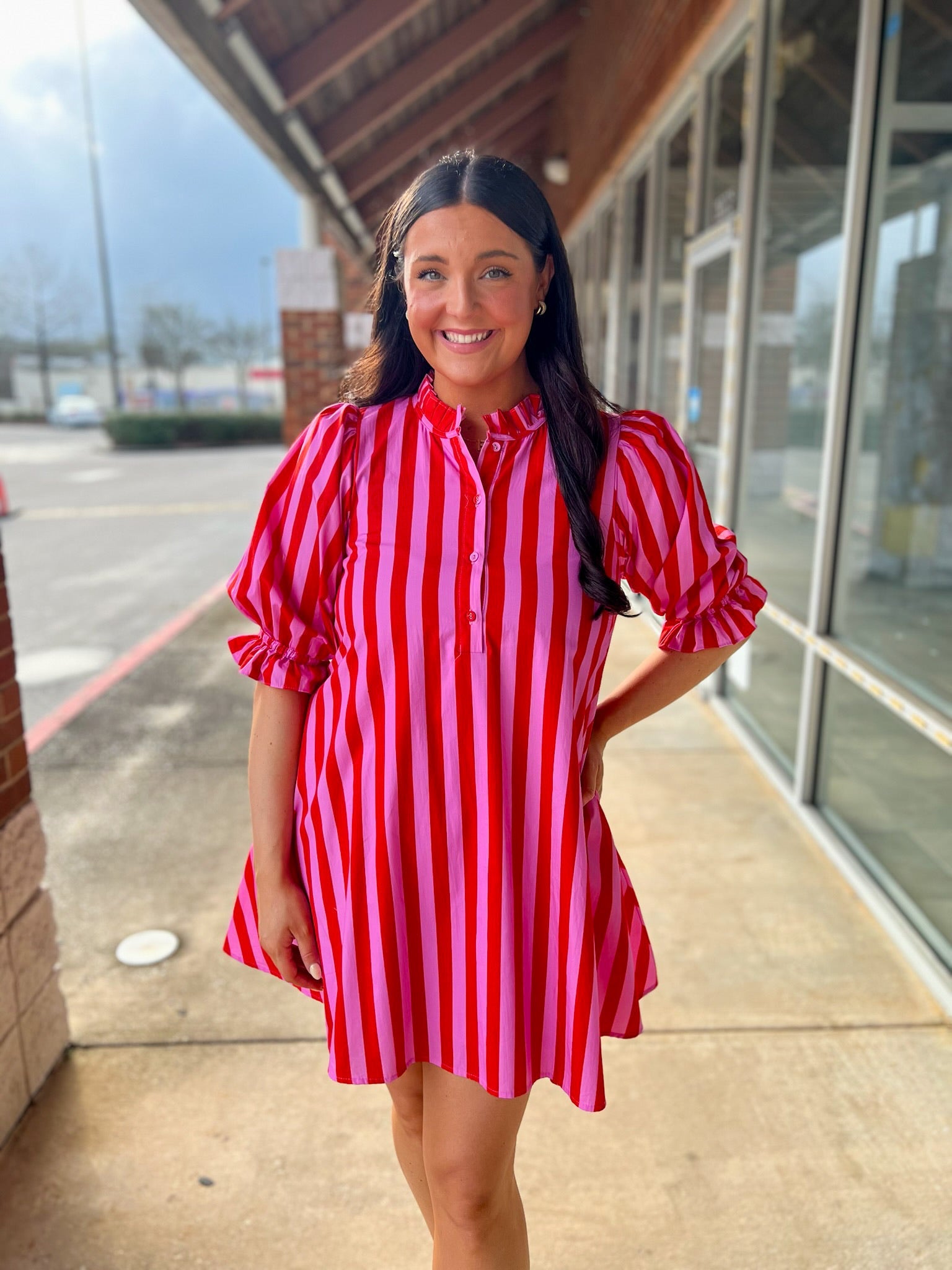 Pink Striped 3/4 Puff Sleeve Dress with Self - Tie in the Back - A'Bekah's Boutique