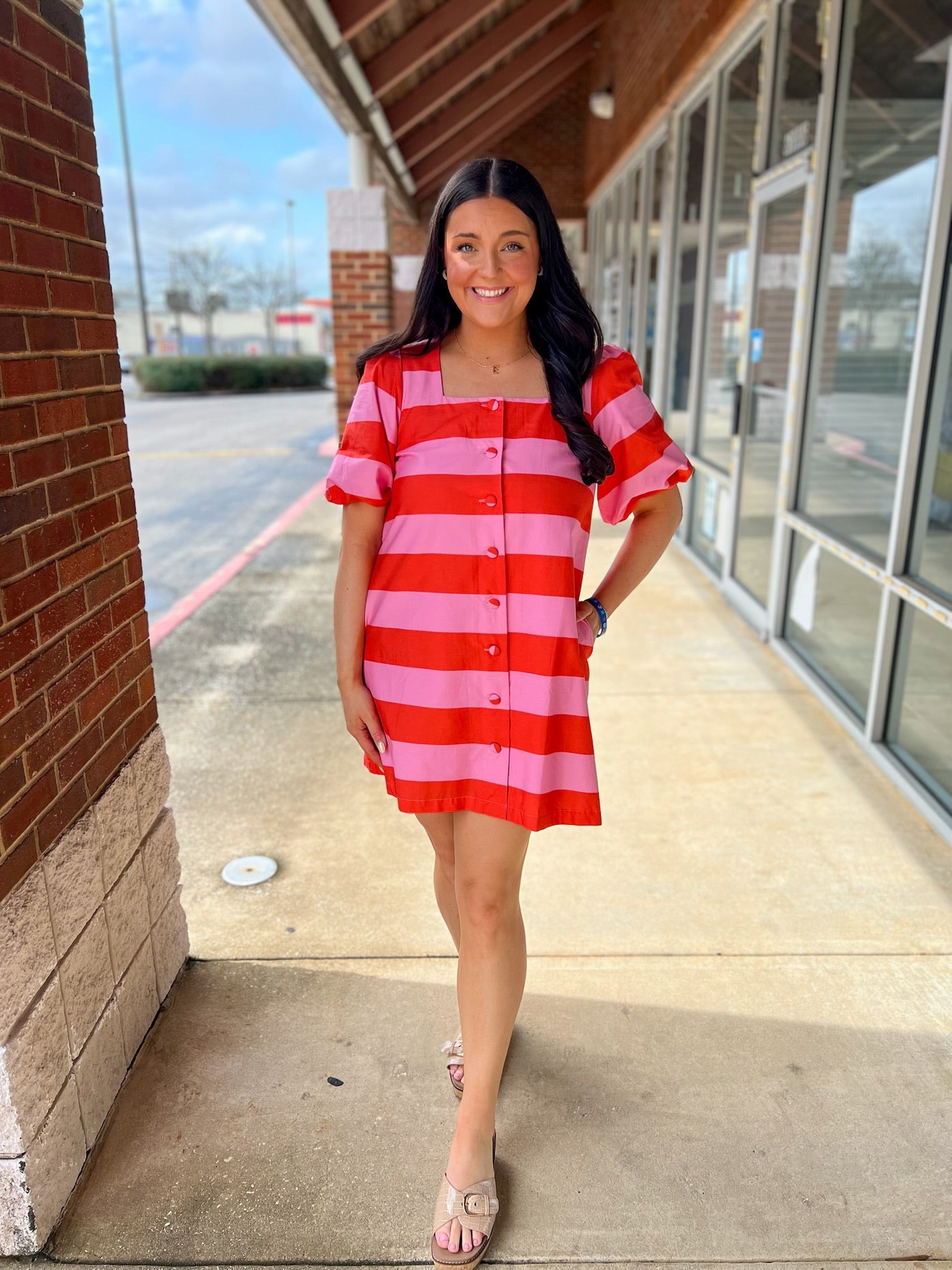 Pink Striped Button Up Short Puff Sleeve Dress with Pockets - A'Bekah's Boutique