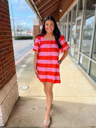 Pink Striped Button Up Short Puff Sleeve Dress with Pockets - A'Bekah's Boutique