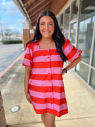 Pink Striped Button Up Short Puff Sleeve Dress with Pockets - A'Bekah's Boutique