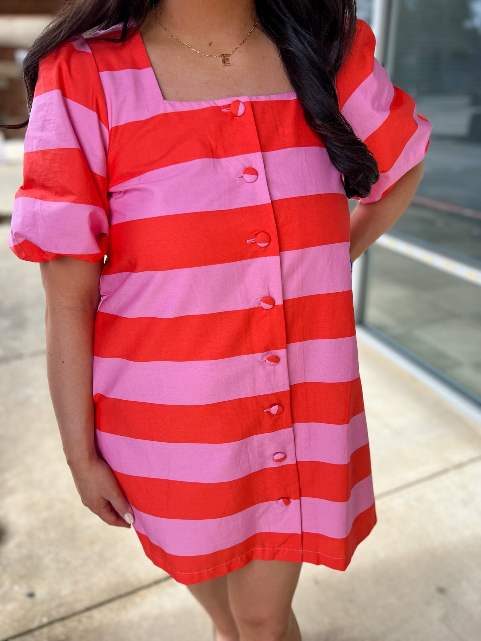 Pink Striped Button Up Short Puff Sleeve Dress with Pockets - A'Bekah's Boutique