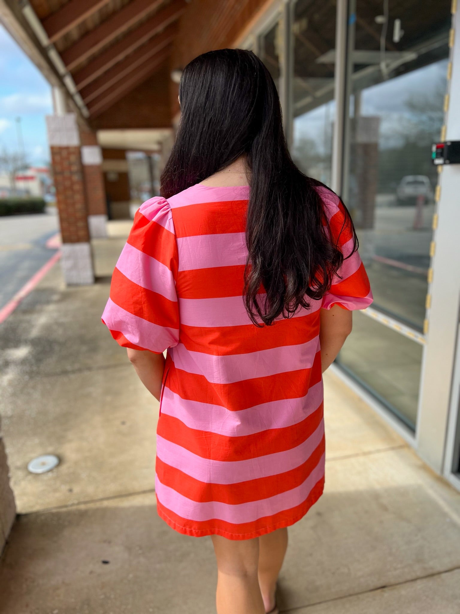 Pink Striped Button Up Short Puff Sleeve Dress with Pockets - A'Bekah's Boutique