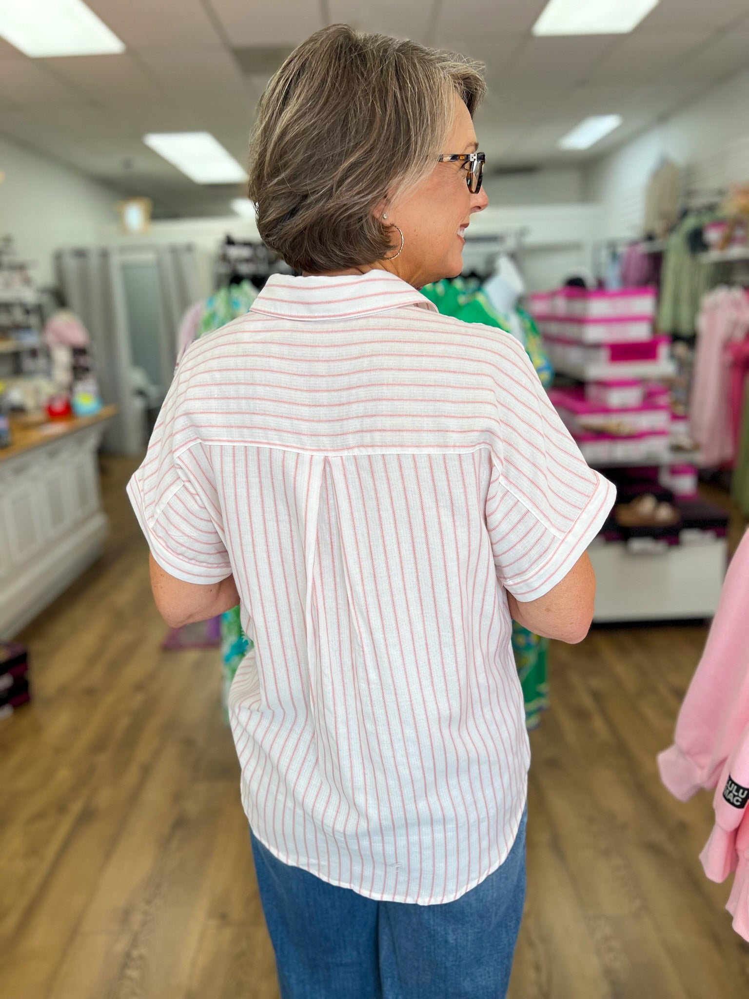 Pink Striped Button Up Top with Short Dolman Sleeves - A'Bekah's Boutique