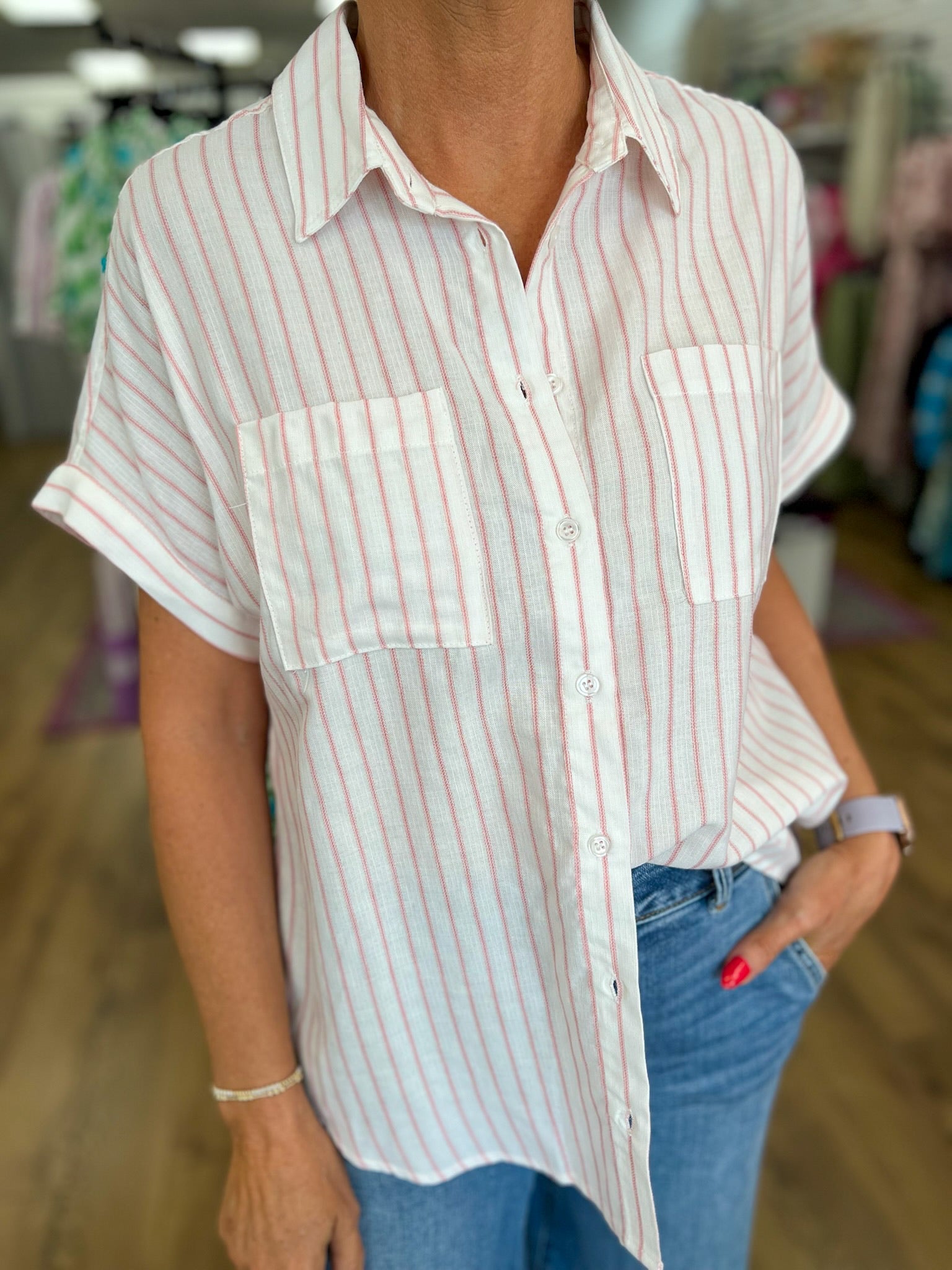 Pink Striped Button Up Top with Short Dolman Sleeves - A'Bekah's Boutique