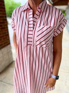 Pink Striped Short Sleeve Dress with Pockets - A'Bekah's Boutique