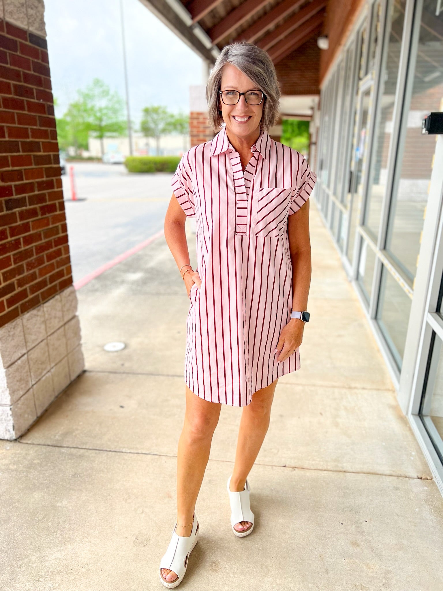 Pink Striped Short Sleeve Dress with Pockets - A'Bekah's Boutique