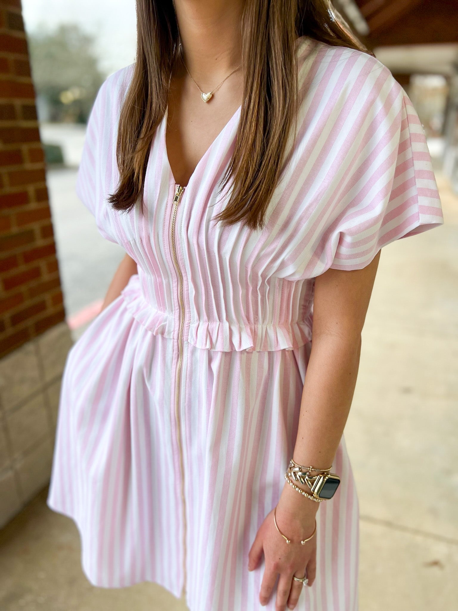 Pink Striped Zip Front Dress with Pintuck Waist and Pockets - A'Bekah's Boutique