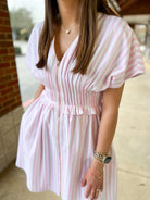 Pink Striped Zip Front Dress with Pintuck Waist and Pockets - A'Bekah's Boutique
