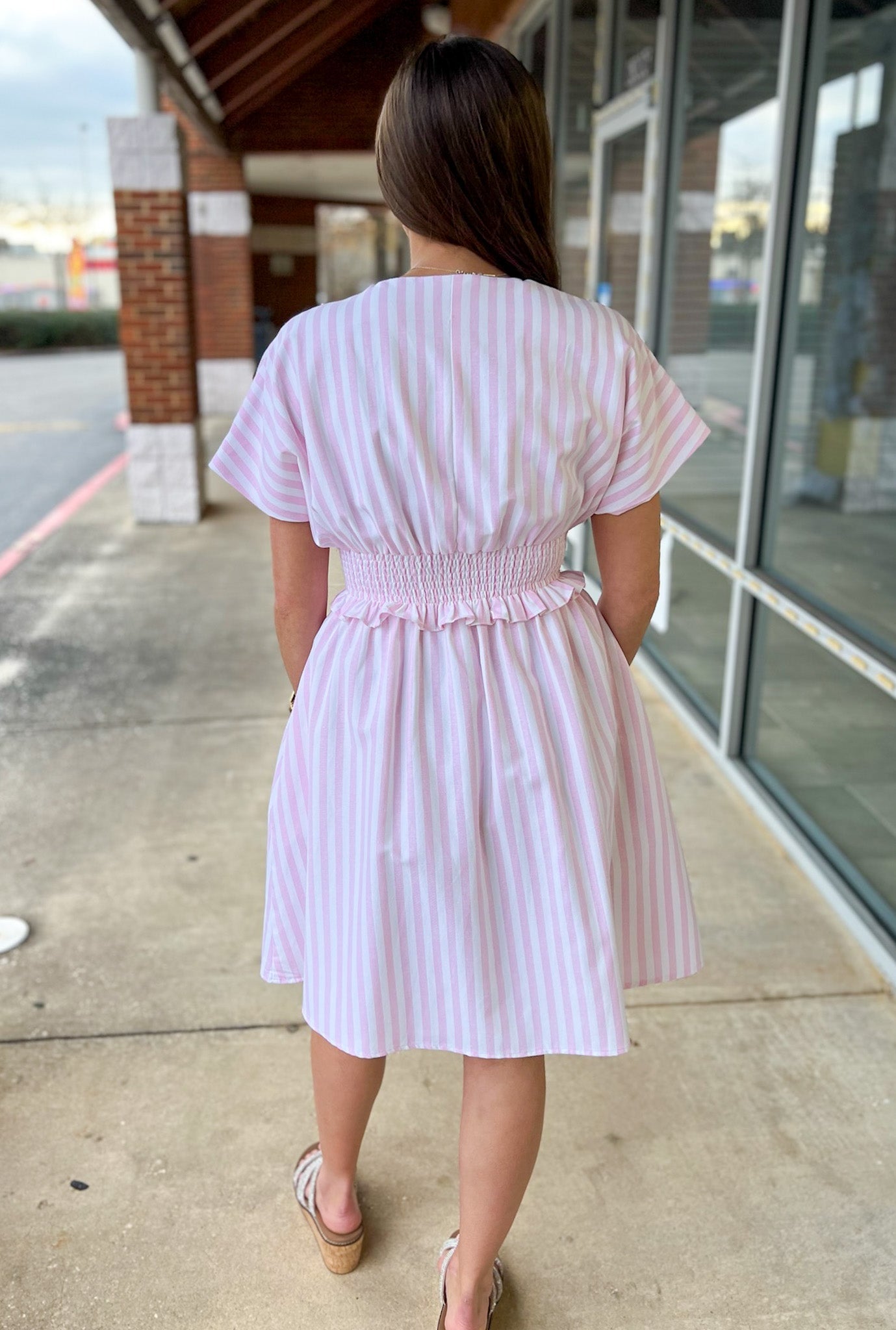 Pink Striped Zip Front Dress with Pintuck Waist and Pockets - A'Bekah's Boutique