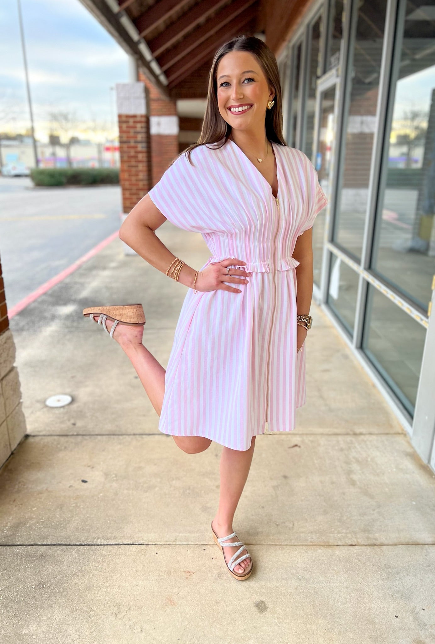 Pink Striped Zip Front Dress with Pintuck Waist and Pockets - A'Bekah's Boutique