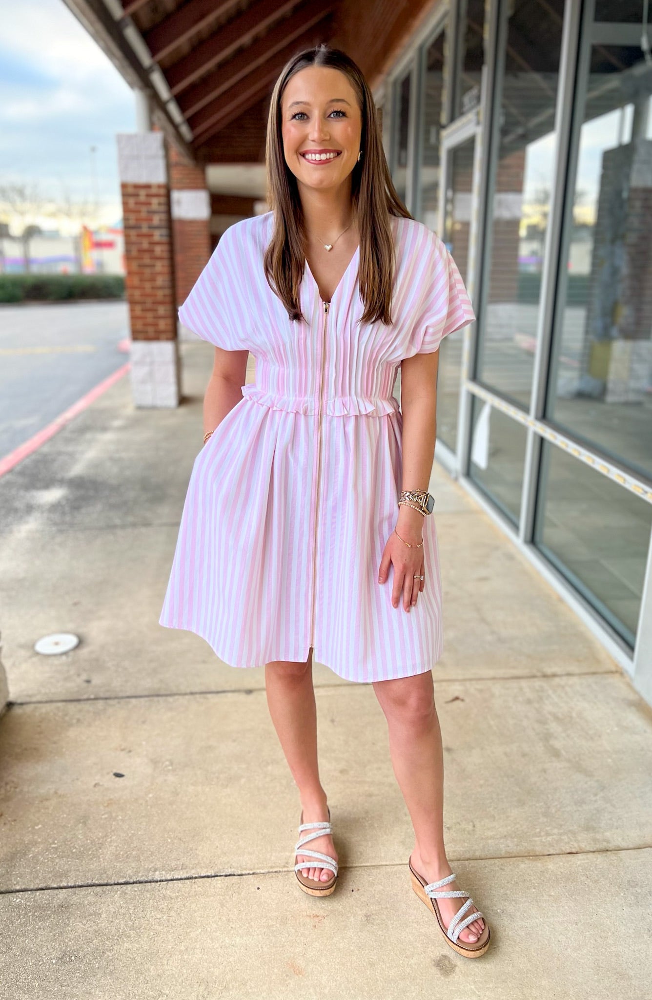 Pink Striped Zip Front Dress with Pintuck Waist and Pockets - A'Bekah's Boutique