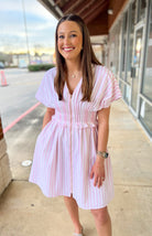 Pink Striped Zip Front Dress with Pintuck Waist and Pockets - A'Bekah's Boutique