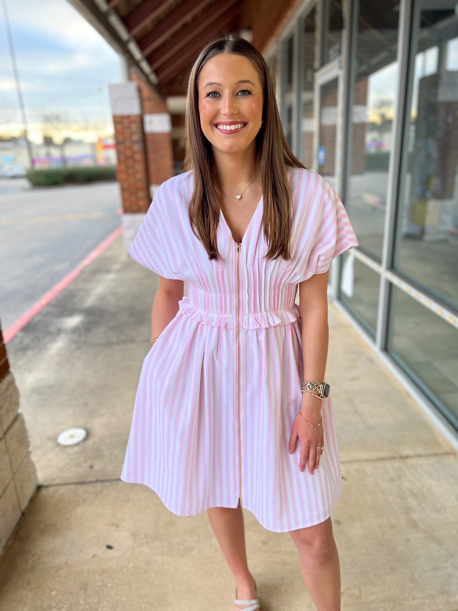 Pink Striped Zip Front Dress with Pintuck Waist and Pockets - A'Bekah's Boutique