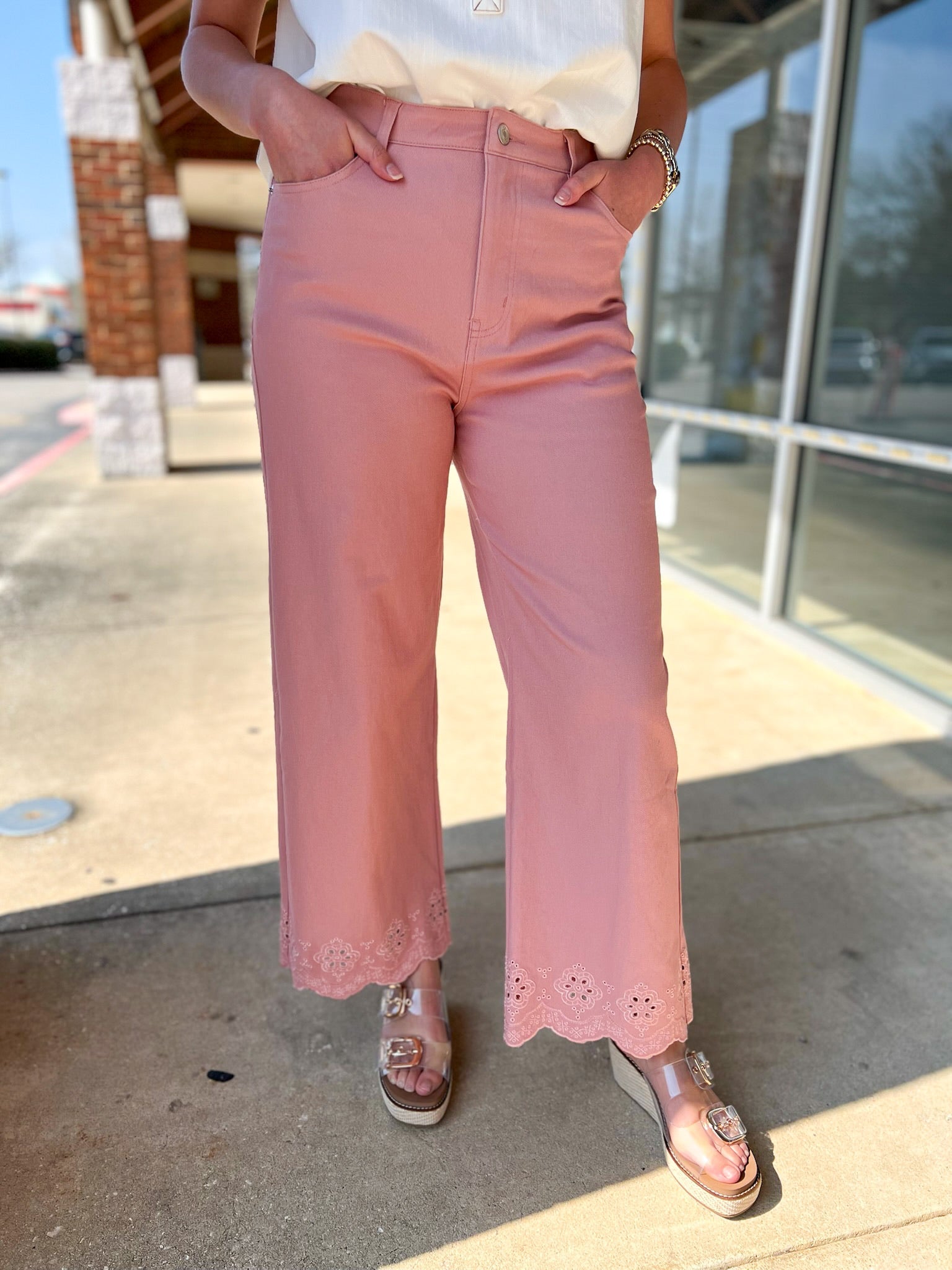 Pink Wide Leg Ankle Pants with Scalloped Eyelet Hem - A'Bekah's Boutique