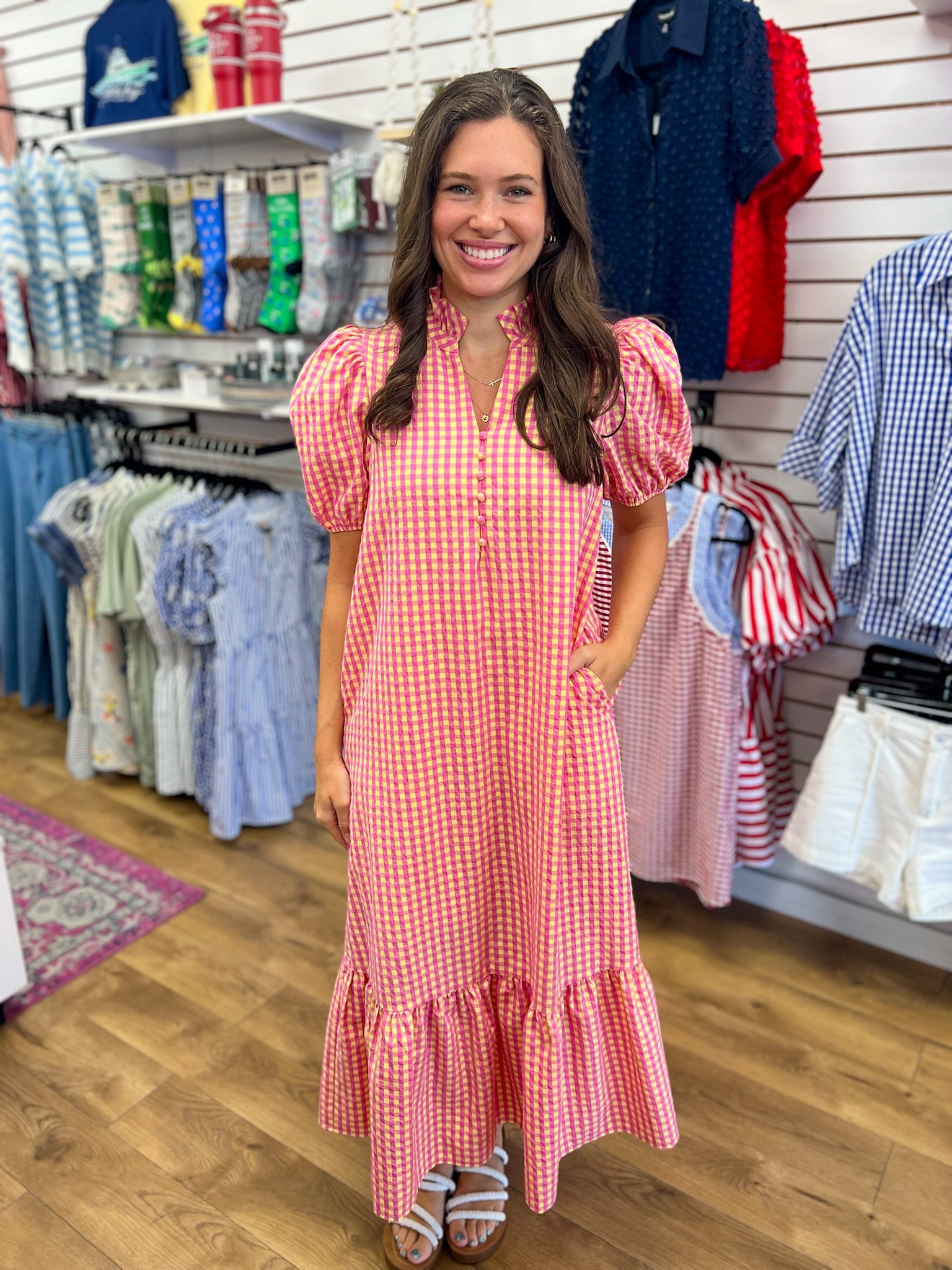 Pink & Yellow Gingham V-neck Midi Dress with Short Puff Sleeves - A'Bekah's Boutique