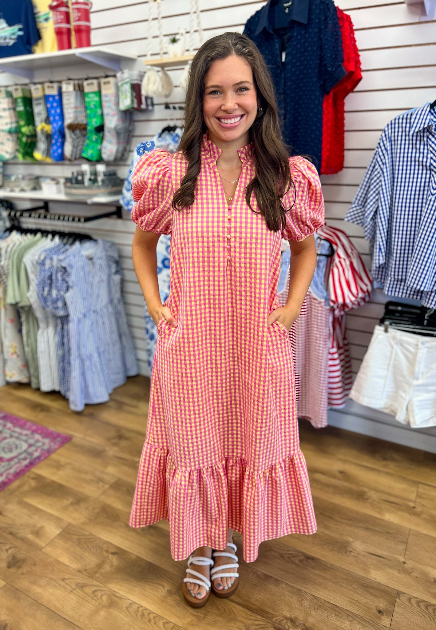 Pink & Yellow Gingham V-neck Midi Dress with Short Puff Sleeves - A'Bekah's Boutique