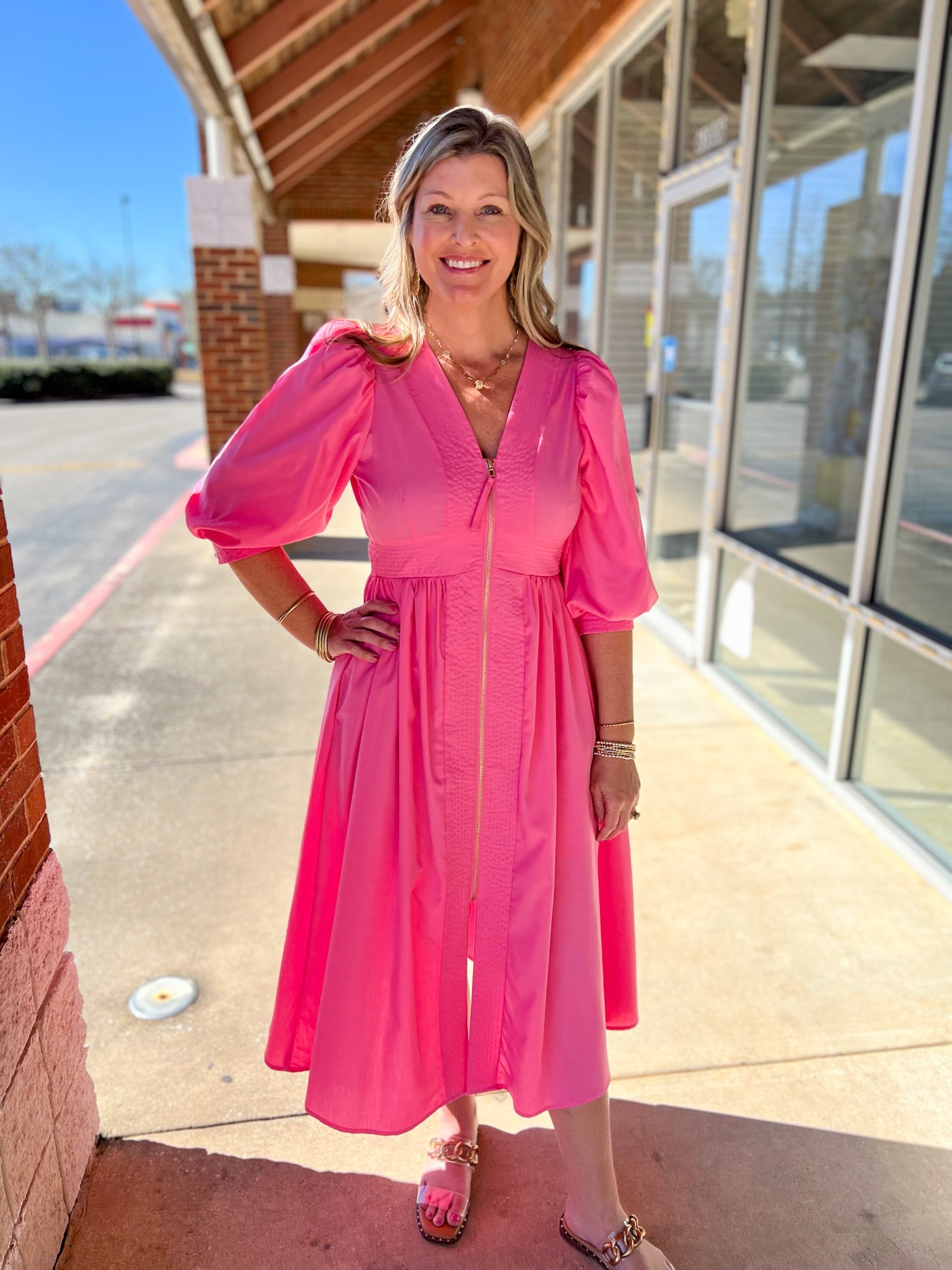 Pink Zip Front Midi Dress with Smocked Waist - A'Bekah's Boutique
