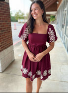 Plum Puff Sleeve Embroidered Dress with Scalloped Hem - A'Bekah's Boutique