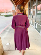 Plum Short Puff Sleeve Midi Dress with Blanket Stitch Trim - A'Bekah's Boutique