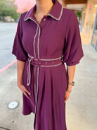 Plum Short Puff Sleeve Midi Dress with Blanket Stitch Trim - A'Bekah's Boutique