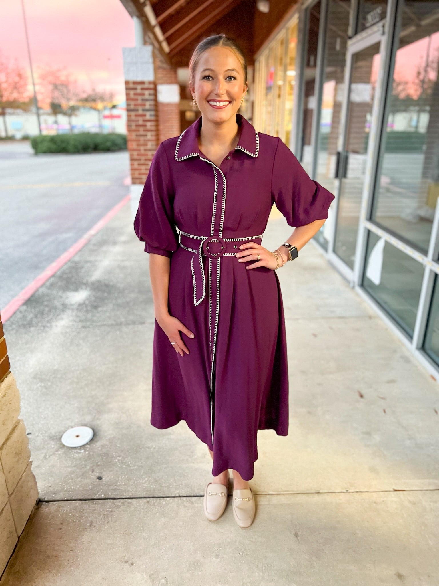 Plum Short Puff Sleeve Midi Dress with Blanket Stitch Trim - A'Bekah's Boutique