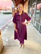 Plum Short Puff Sleeve Midi Dress with Blanket Stitch Trim - A'Bekah's Boutique