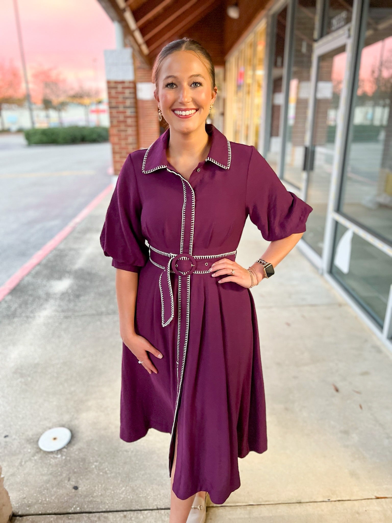 Plum Short Puff Sleeve Midi Dress with Blanket Stitch Trim - A'Bekah's Boutique