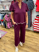 Plum Short Puff Sleeve V-Neck Pant Set with Scallop Trim - A'Bekah's Boutique