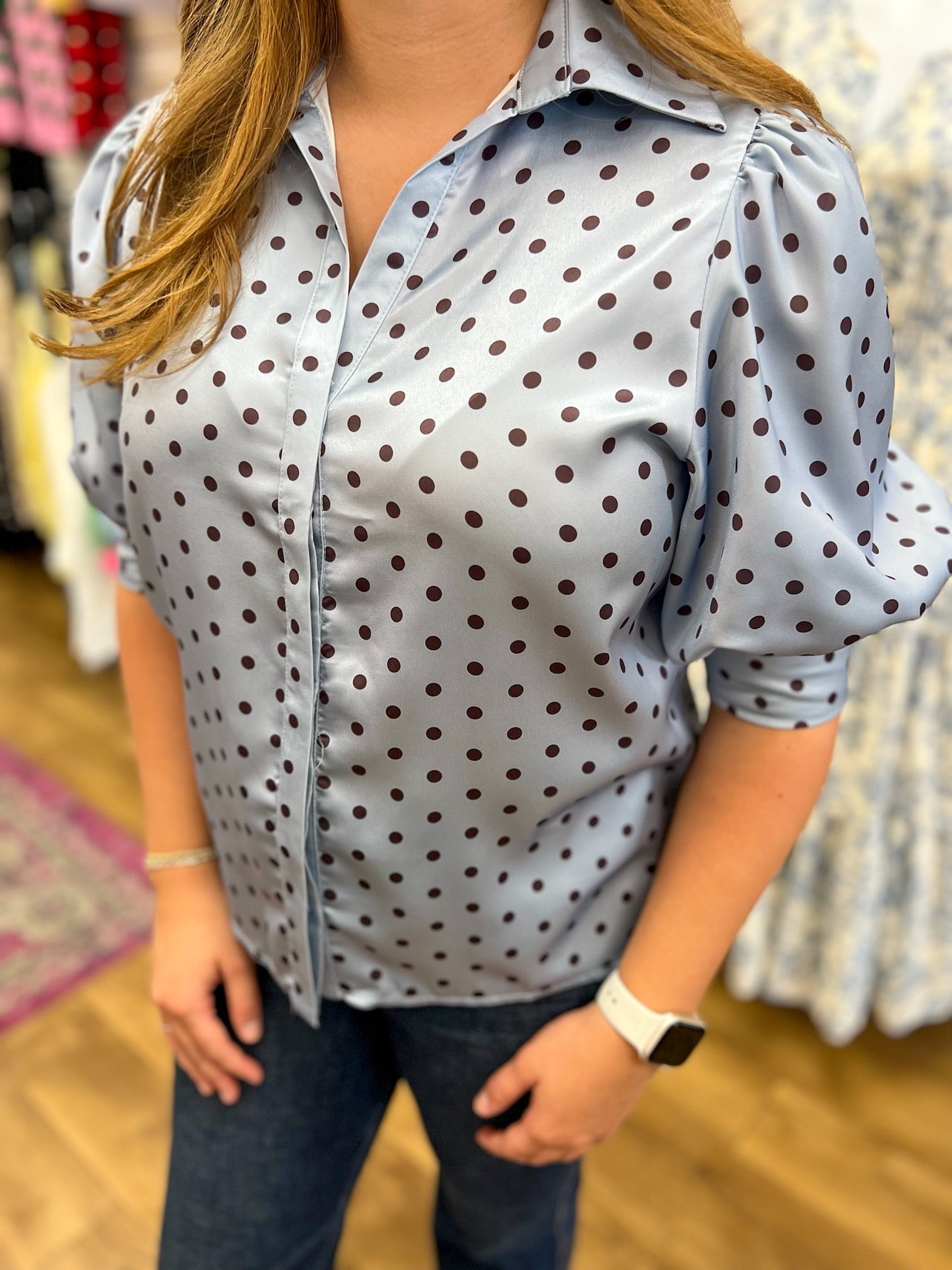 Powder Blue Polka Dot Top with Puff Sleeves - A'Bekah's Boutique