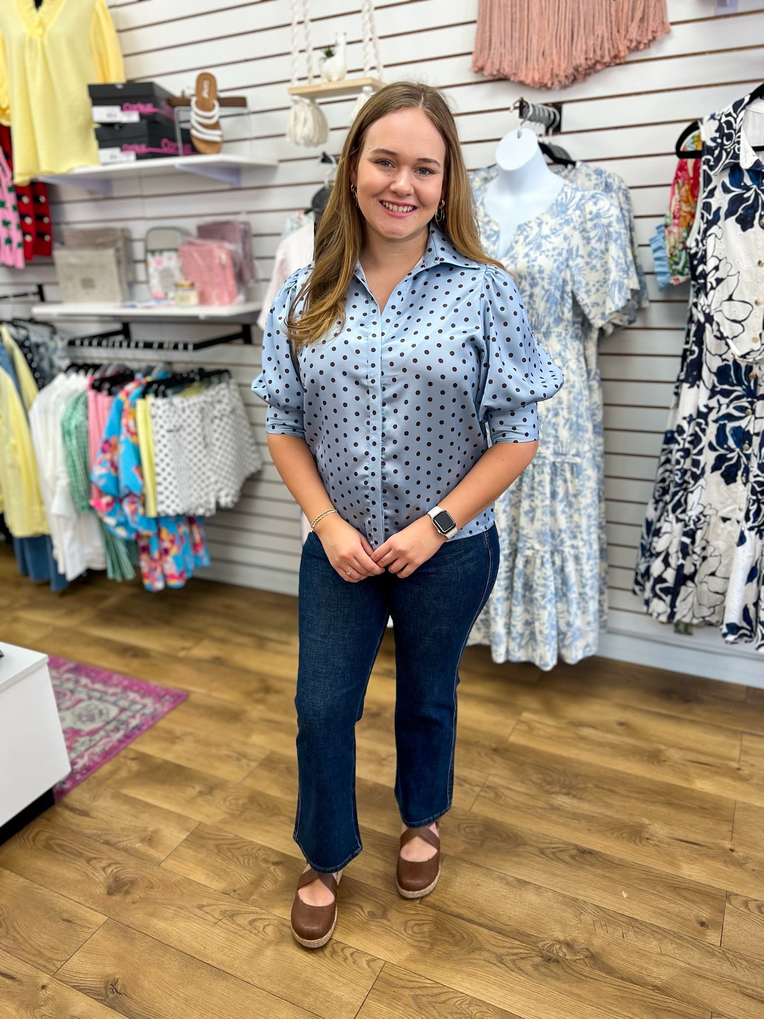 Powder Blue Polka Dot Top with Puff Sleeves - A'Bekah's Boutique