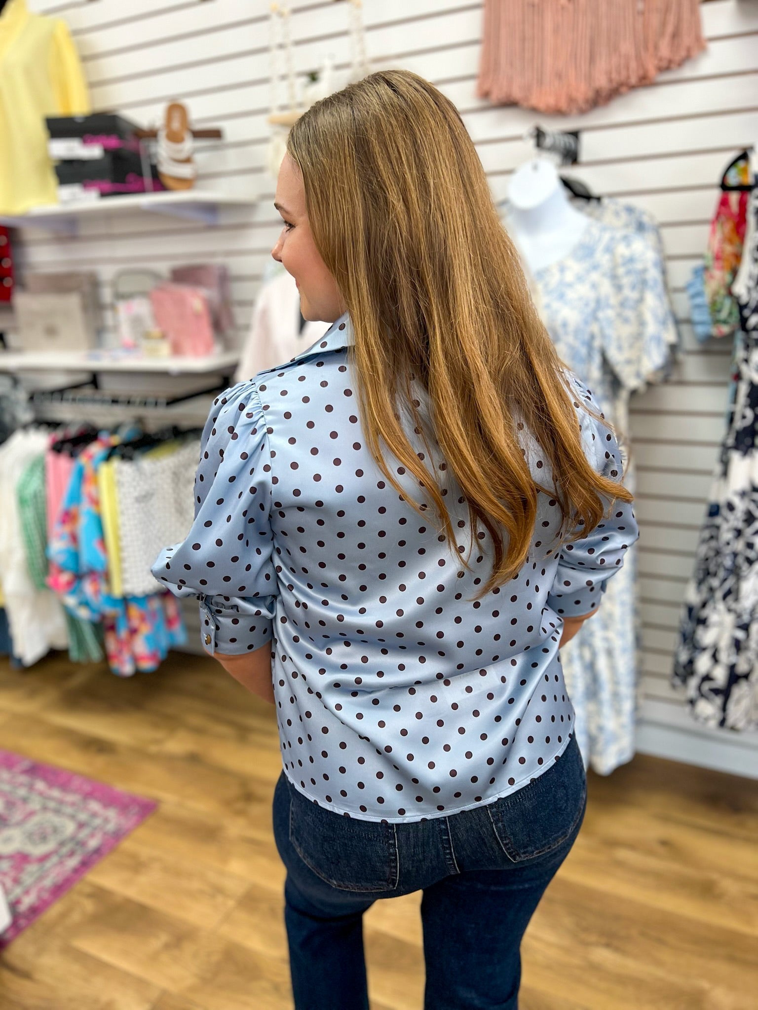 Powder Blue Polka Dot Top with Puff Sleeves - A'Bekah's Boutique