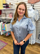 Powder Blue Polka Dot Top with Puff Sleeves - A'Bekah's Boutique
