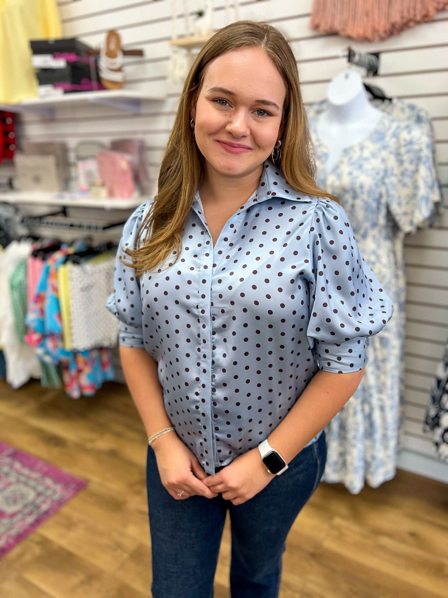 Powder Blue Polka Dot Top with Puff Sleeves - A'Bekah's Boutique
