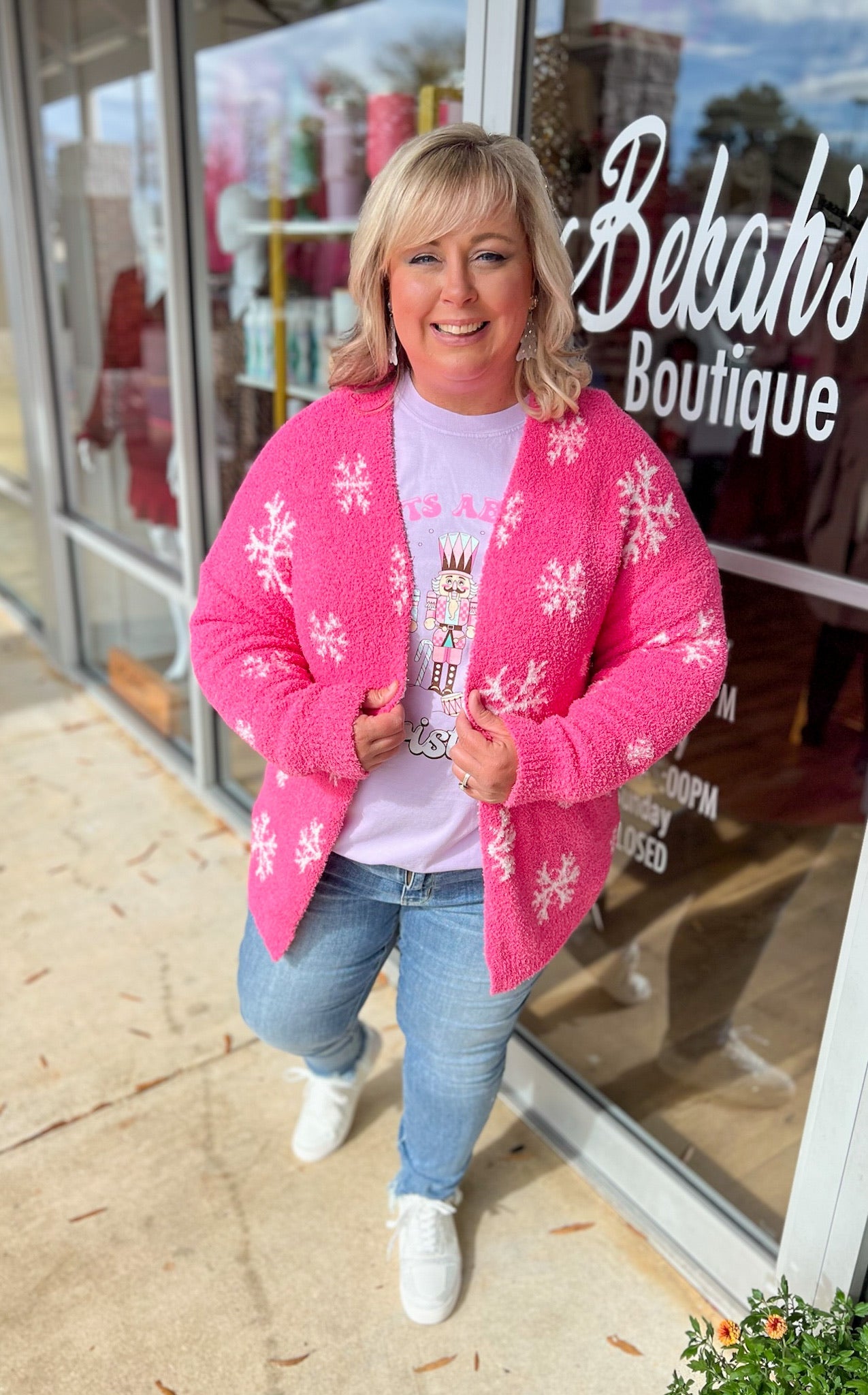 Pretty and Playful Pink Open Front Cardigan with White Snowflakes - A'Bekah's Boutique
