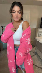 Pretty and Playful Pink Open Front Cardigan with White Snowflakes - A'Bekah's Boutique