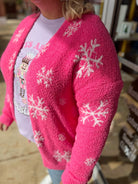 Pretty and Playful Pink Open Front Cardigan with White Snowflakes - A'Bekah's Boutique