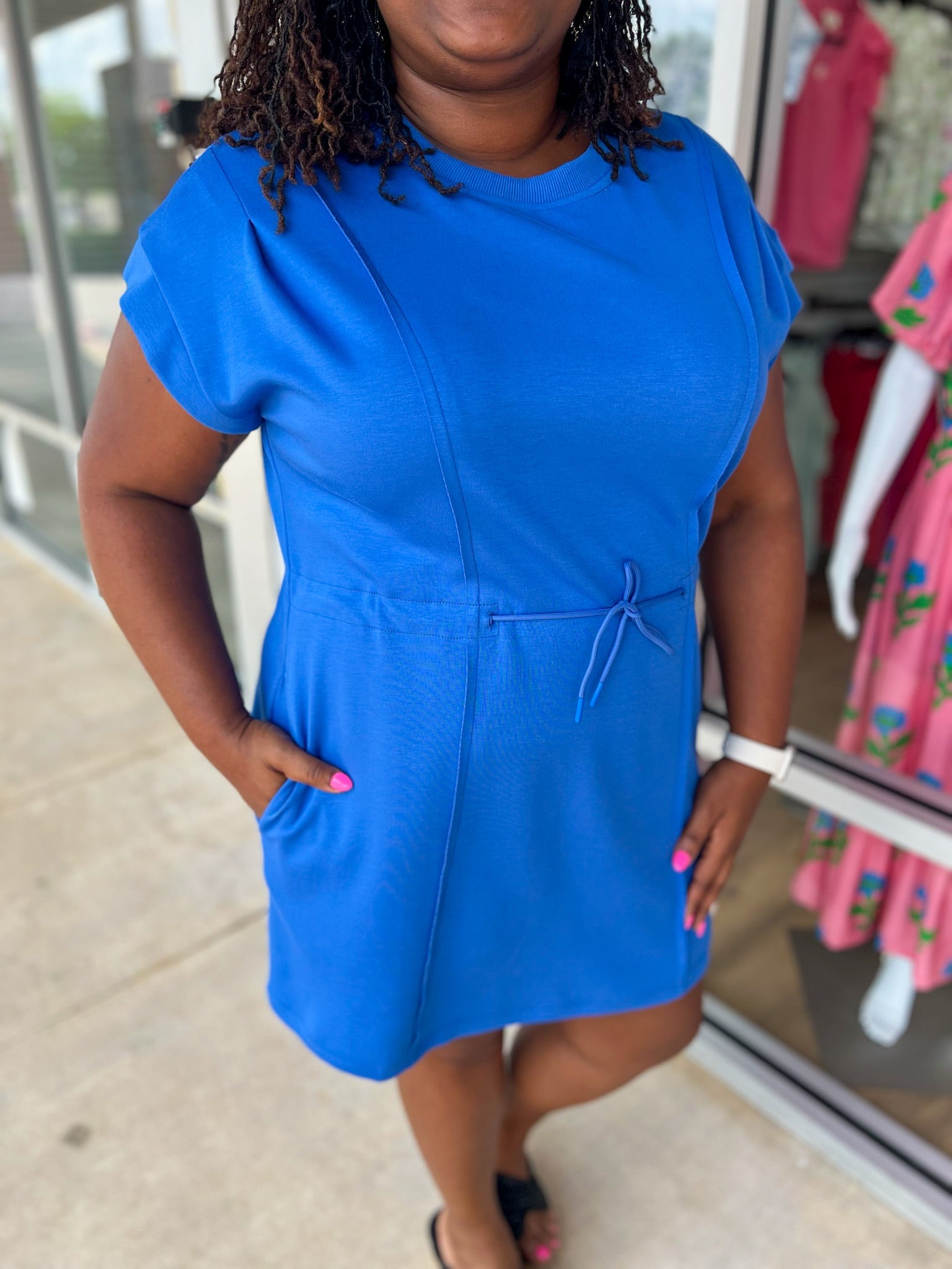 Promise Me Ocean Blue Luxeknit Dress with Drawstring Waist and Pockets (C) - A'Bekah's Boutique