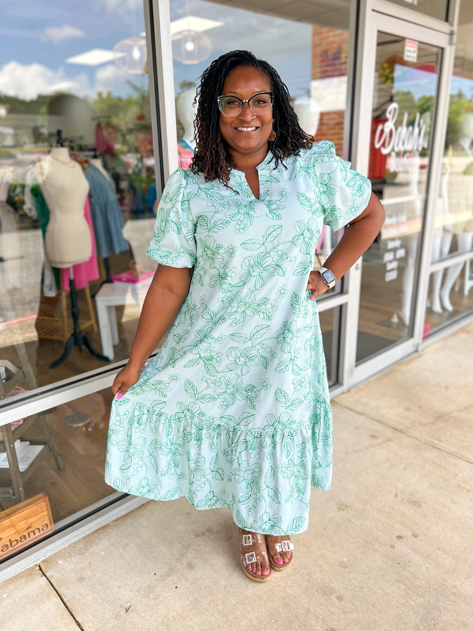 Pure Love Green Striped Embroidered Midi Dress (C) - A'Bekah's Boutique