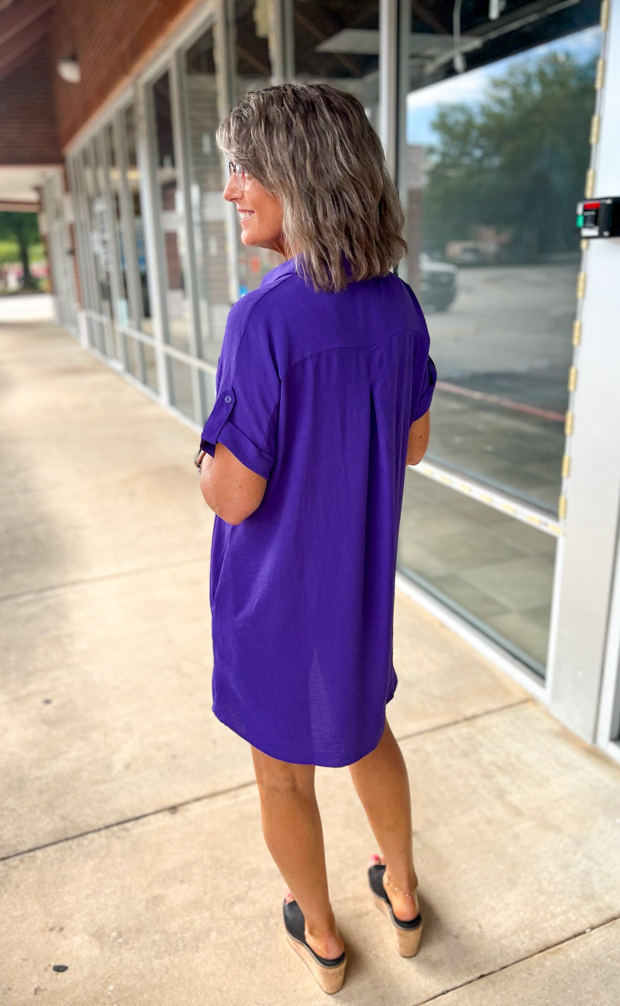 Purple Button Down Short Sleeve Shirt Dress - A'Bekah's Boutique