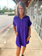 Purple Button Down Short Sleeve Shirt Dress - A'Bekah's Boutique