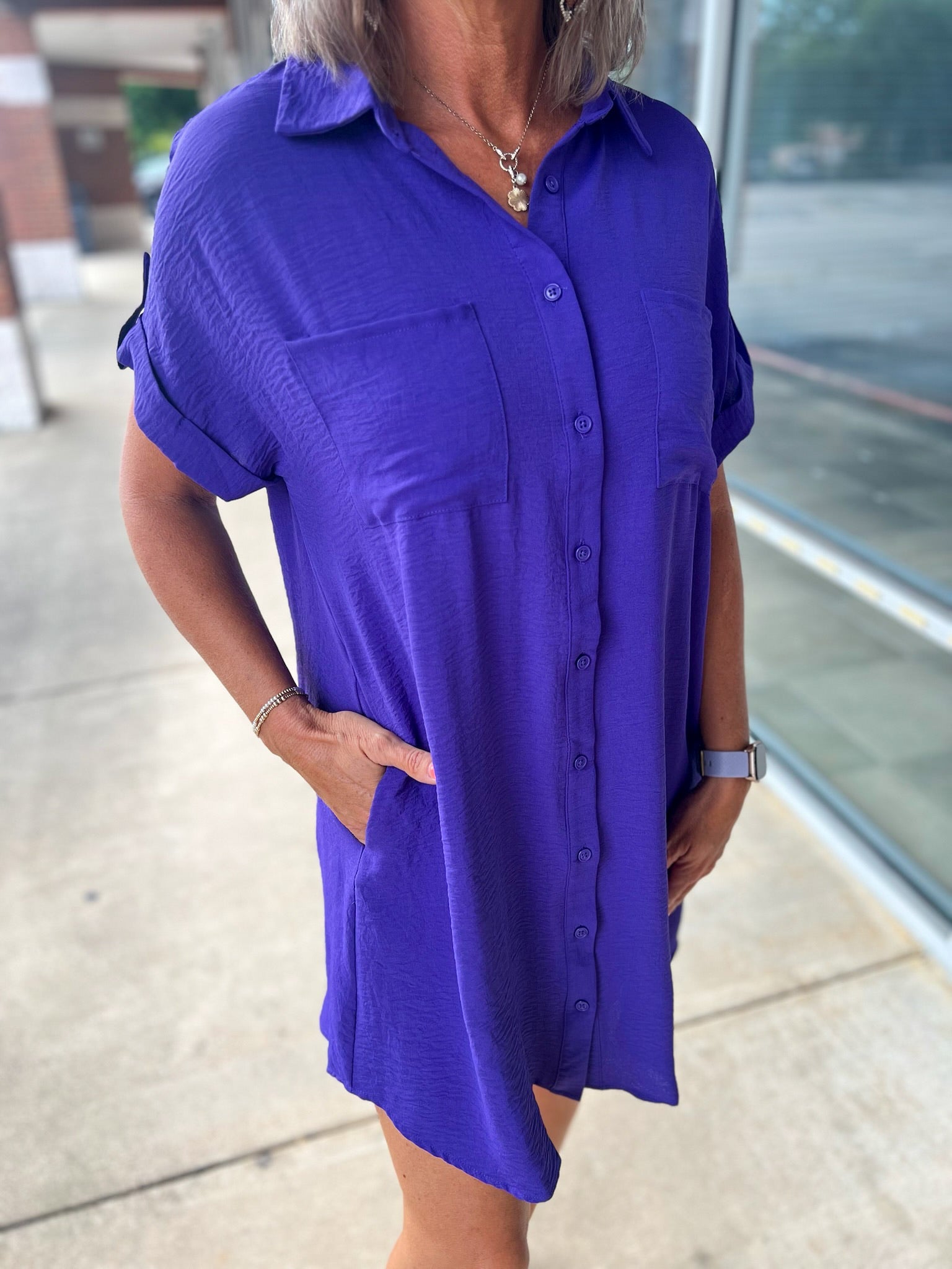 Purple Button Down Short Sleeve Shirt Dress - A'Bekah's Boutique