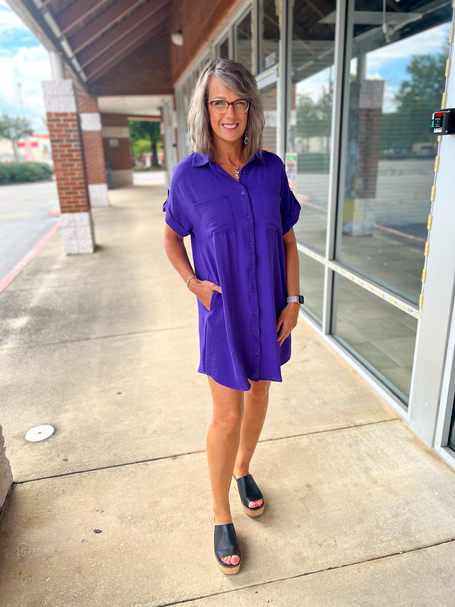 Purple Button Down Short Sleeve Shirt Dress - A'Bekah's Boutique