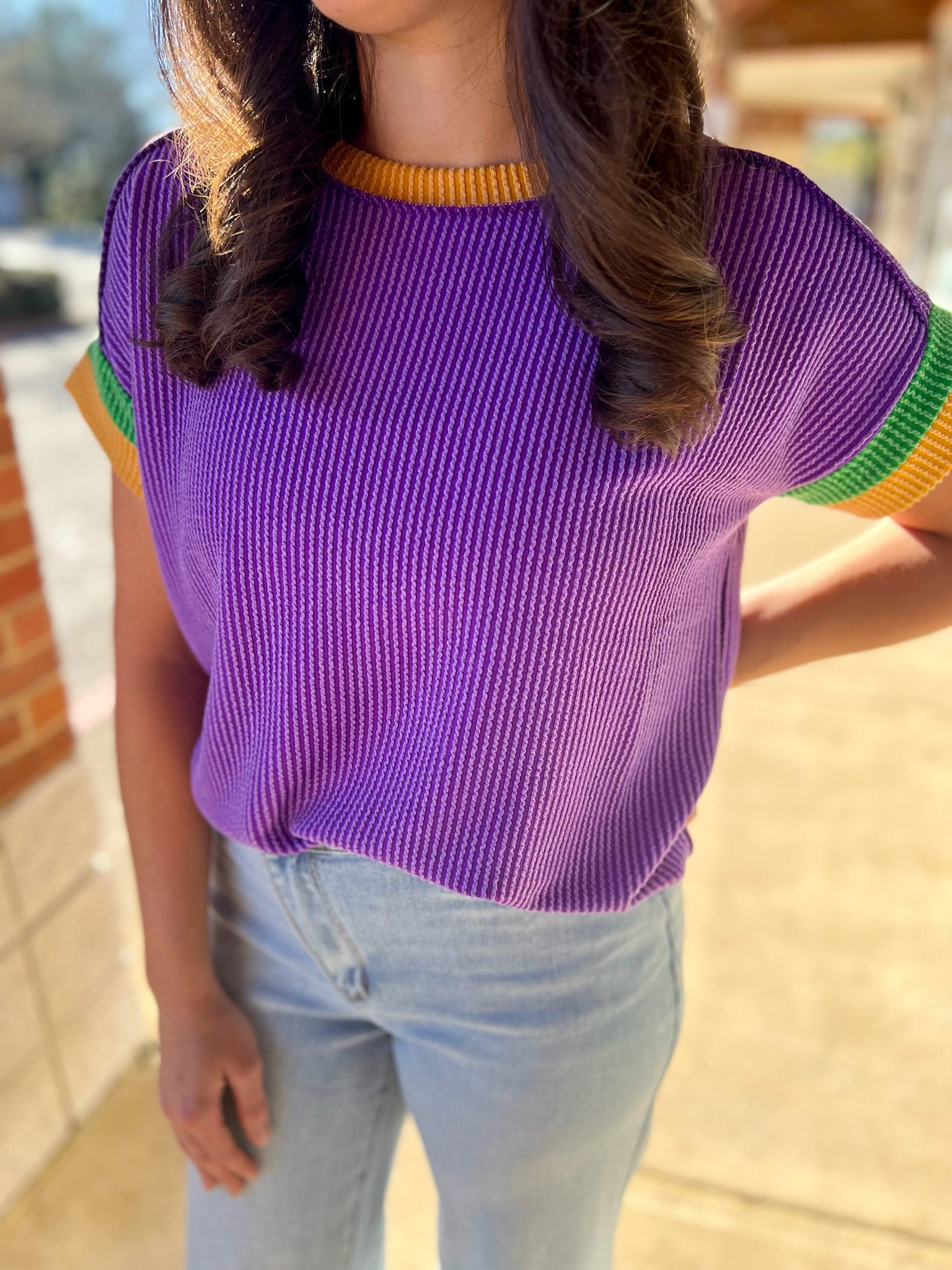 Purple Ribbed Top with Green and Gold Banding on Sleeves - A'Bekah's Boutique