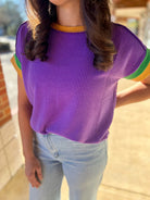 Purple Ribbed Top with Green and Gold Banding on Sleeves - A'Bekah's Boutique