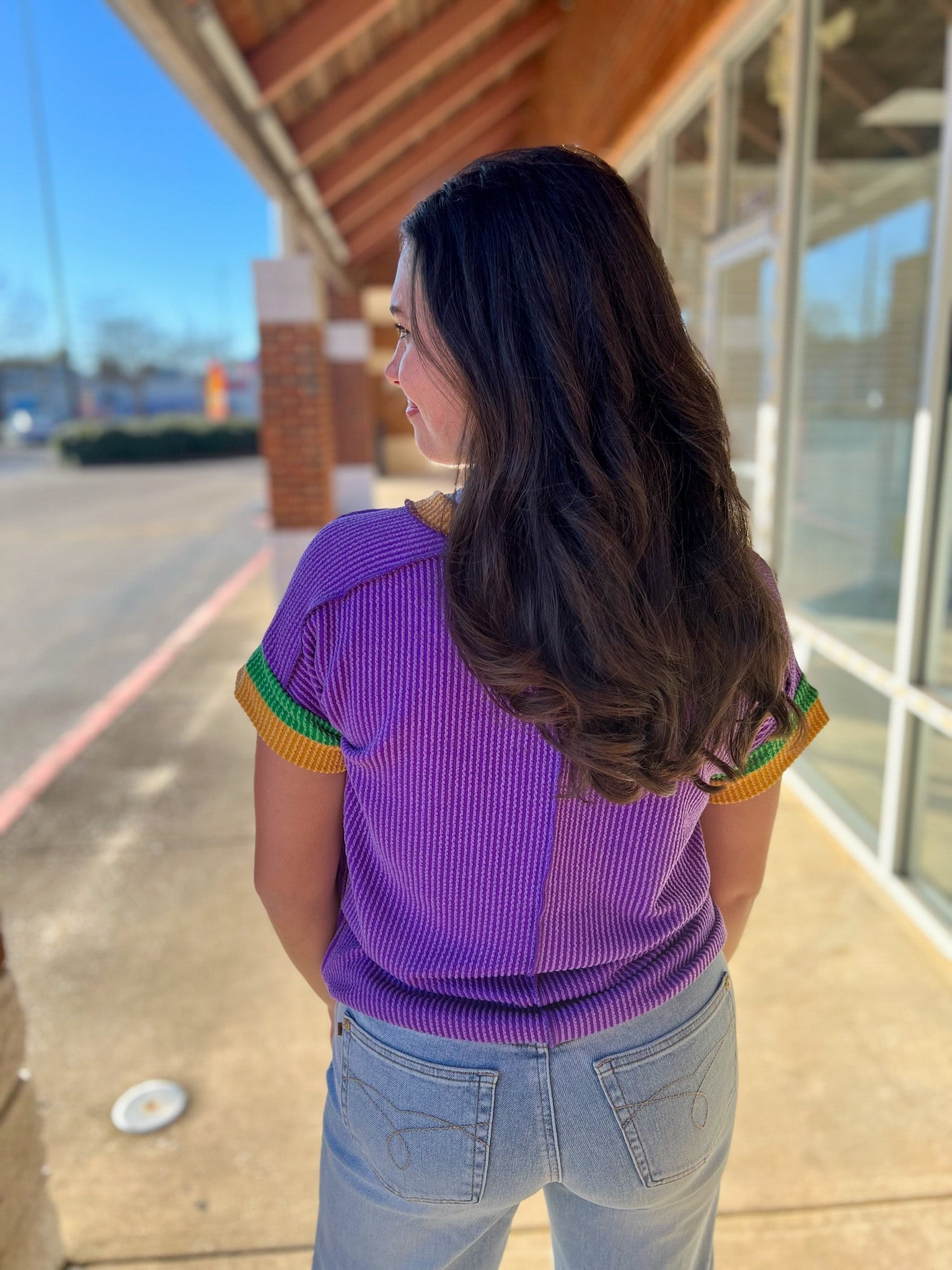 Purple Ribbed Top with Green and Gold Banding on Sleeves - A'Bekah's Boutique