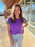 Purple Ribbed Top with Green and Gold Banding on Sleeves - A'Bekah's Boutique