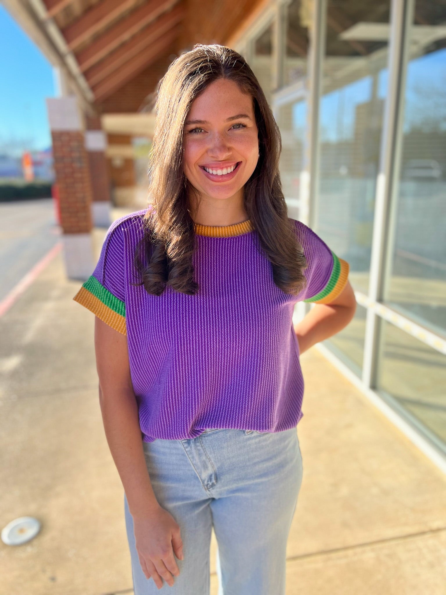 Purple Ribbed Top with Green and Gold Banding on Sleeves - A'Bekah's Boutique